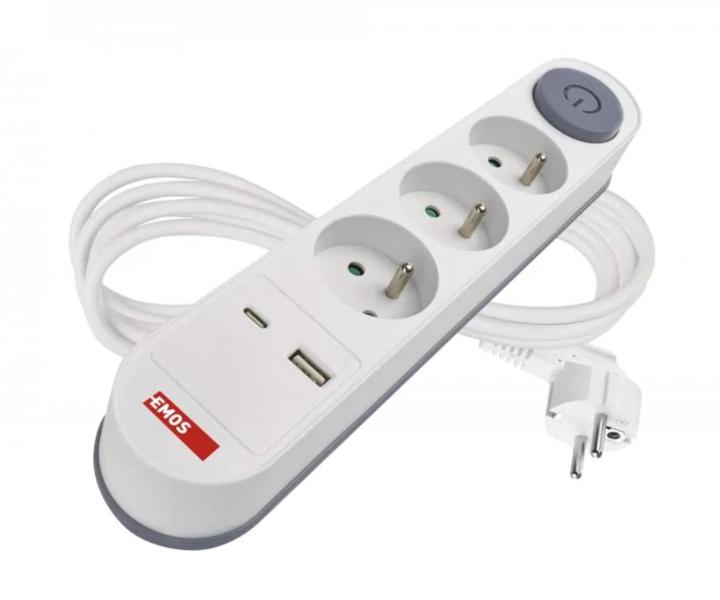 Prodluovac kabel Emos P1312PD, 3x zsuvka, 1x USB-A, 1x USB-C, bl, 2 m