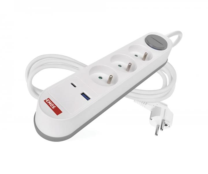 Prodlu�ovac� kabel Emos P1312FC, 1,5 mm2, 3x z�suvka, 1x USB-A, 1x USB-C, vyp�na� - 2 m