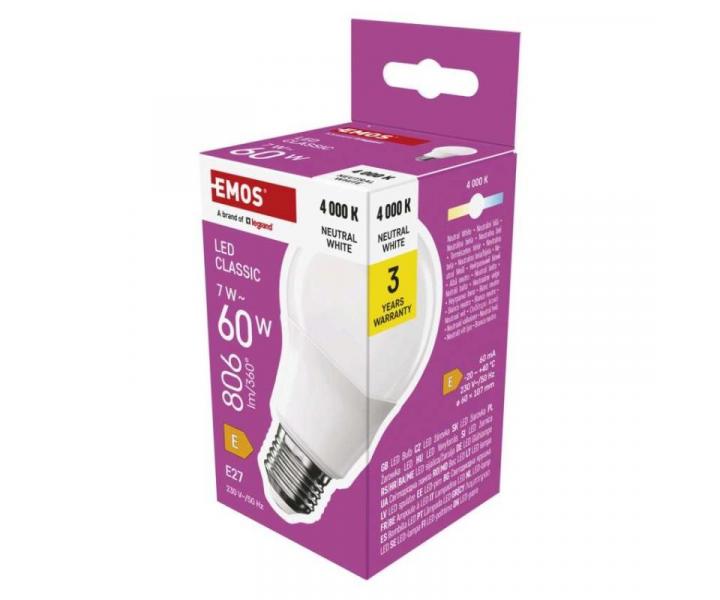 LED rovka Classic A60 / E27 / 7 W (60 W) / 806 lm / neutrln bl Emos ZQ5E43