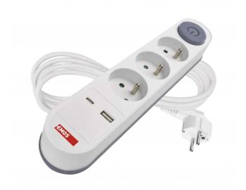 Prodluovac kabel Emos P1312PD, 3x zsuvka, 1x USB-A, 1x USB-C, bl, 2 m