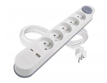 Prodluovac kabel Emos P1513PD, 5x zsuvka, 1x USB-A, 1x USB-C, bl, 3 m
