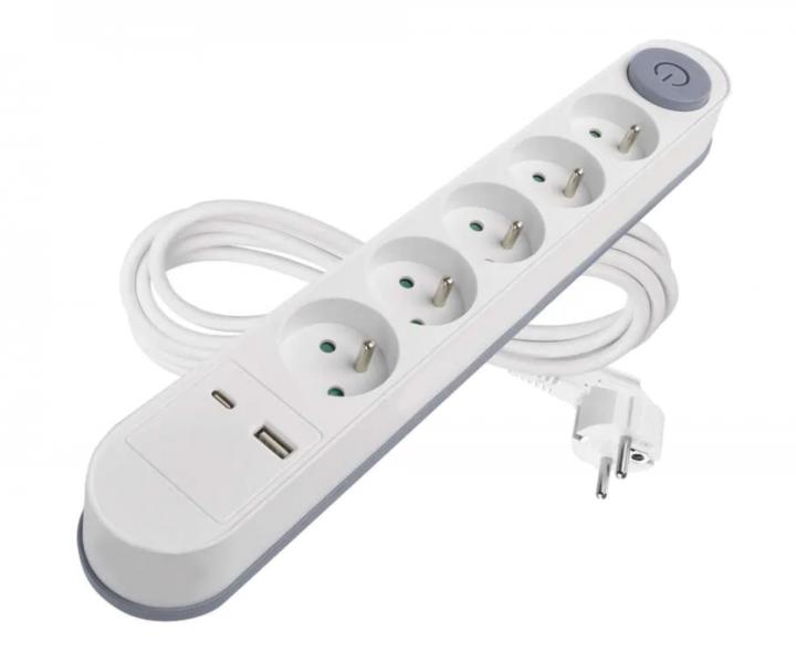 Prodluovac kabel Emos P1513PD, 5x zsuvka, 1x USB-A, 1x USB-C, bl, 3 m