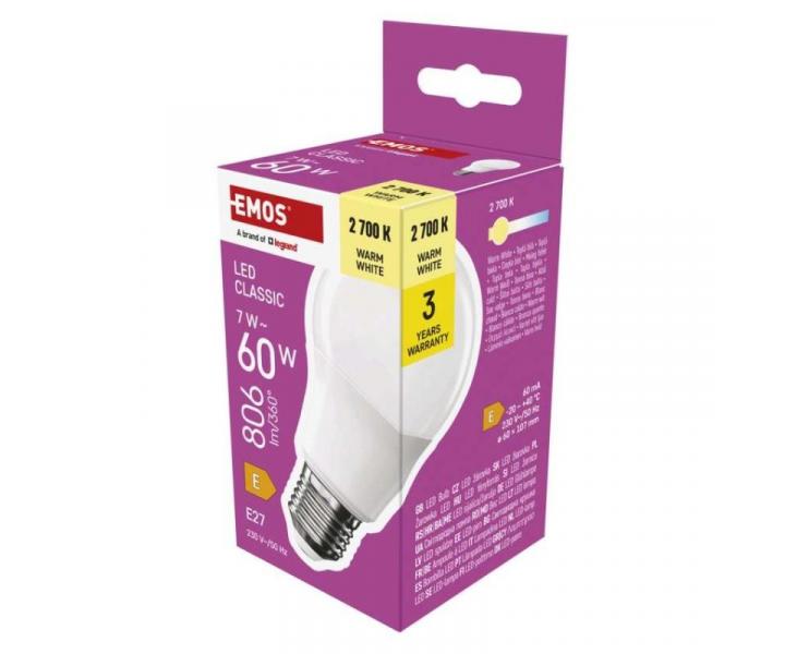 LED rovka Classic A60 / E27 / 7 W (60 W) / 806 lm / tepl bl Emos ZQ5E41