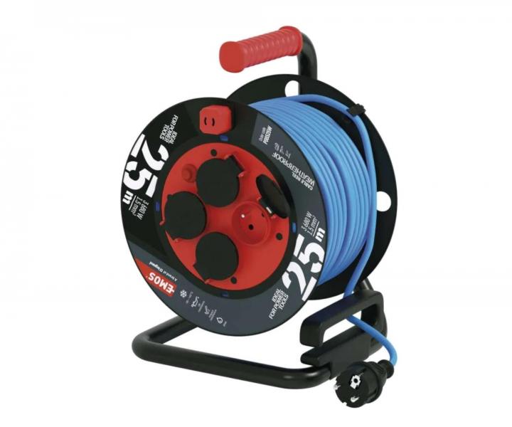 Poas odoln prodluovac kabel na bubnu Emos P08525W,4x zsuvka, 230 V, 1,5 mm2, modr, 25 m