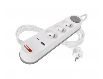 Prodlu�ovac� kabel Emos P1312FC, 1,5 mm2, 3x z�suvka, 1x USB-A, 1x USB-C, vyp�na� - 2 m
