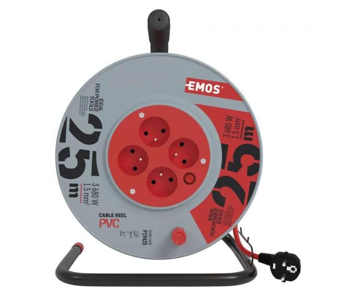 Prodluovac kabel na bubnu Emos P19425, 4x zsuvka, 230 V, 1,5 mm2, erven, 25 m