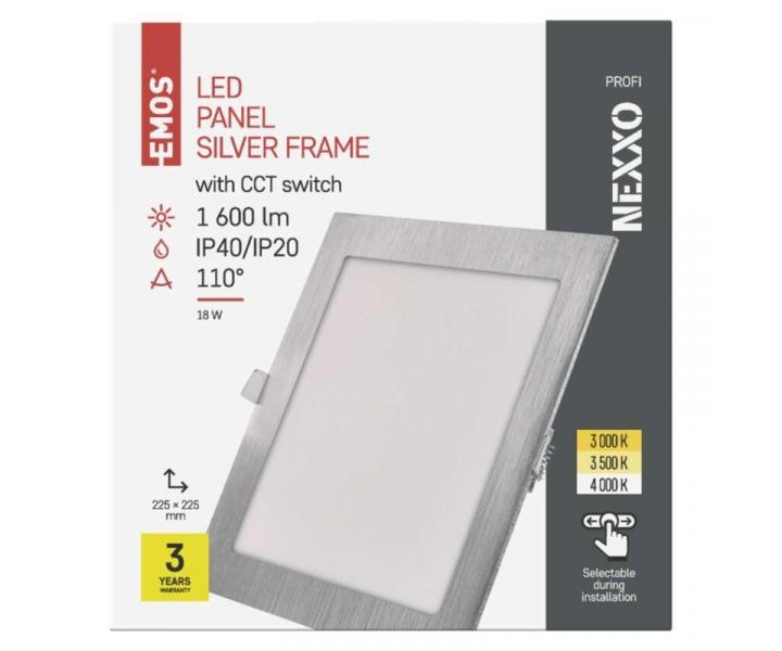 LED vestavn svtidlo NEXXO, tvercov, stbrn, 18W, se zmnou CCT Emos ZD2243