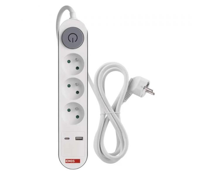 Prodluovac kabel Emos P1312PD, 3x zsuvka, 1x USB-A, 1x USB-C, bl, 2 m