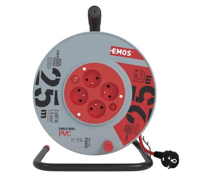 Prodluovac kabel na bubnu Emos P194253, 4x zsuvka, 230 V, 1,5 mm2, erven, 25 m