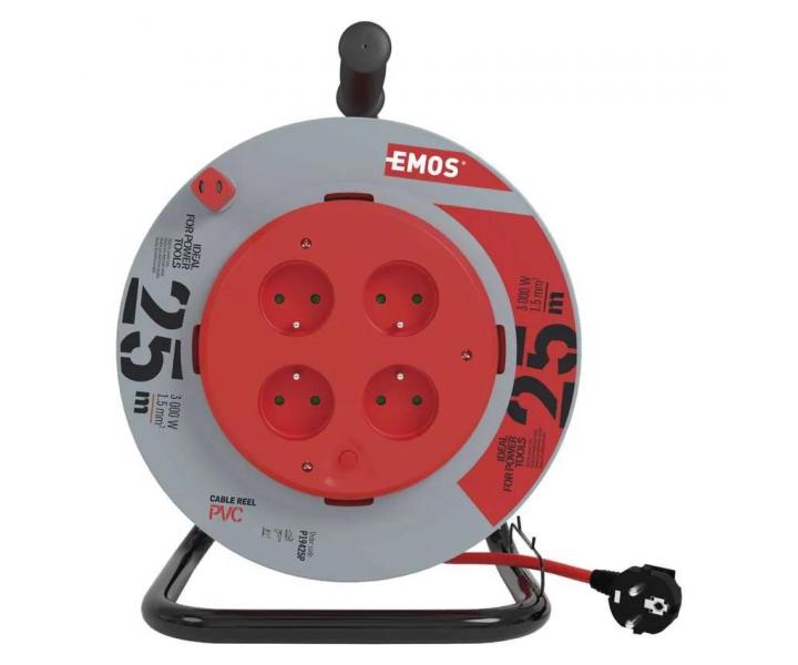 Prodluovac kabel na bubnu Emos P19425P, 4x zsuvka, 230 V, 1,5 mm2, erven, 25 m