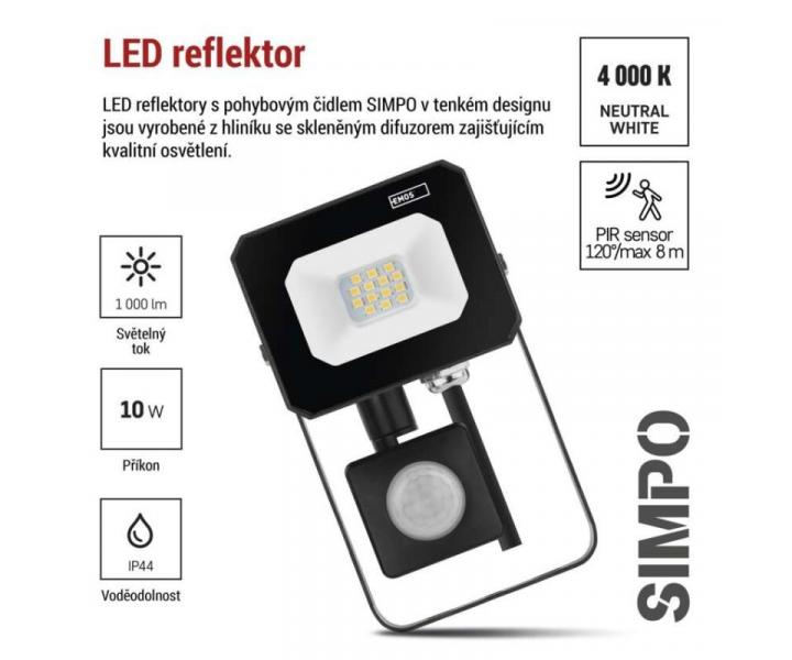 LED reflektor SIMPO s pohybovm idlem, 10 W, ern, neutrln bl Emos ZS2313