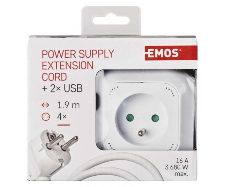 Prodluovac kabel - kostka 1,9 m / 4 zsuvky / bl / PVC / s USB / 1 mm2 Emos P04119U