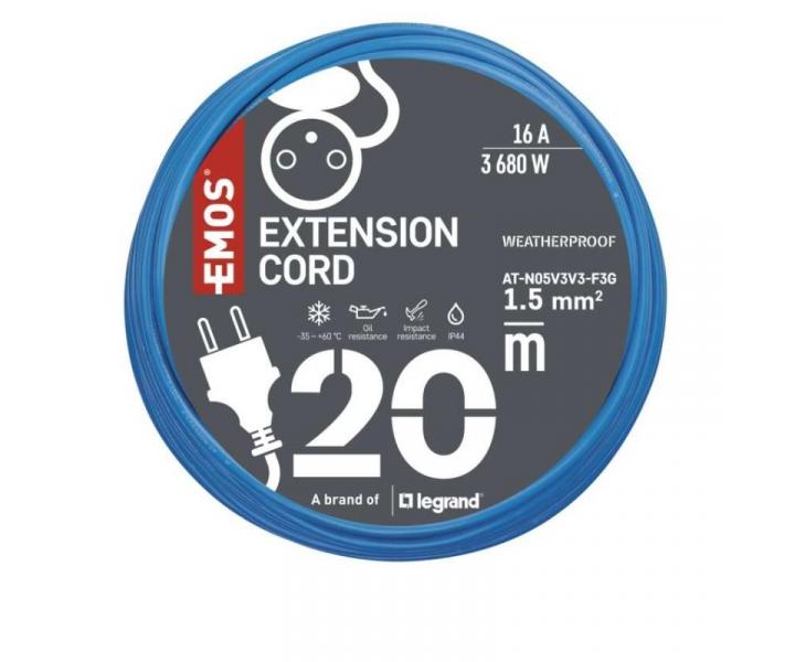 Poas odoln prodluovac kabel 20 m / 1 zsuvka / modr / PVC / 230 V / 1,5 mm2 Emos P01420W