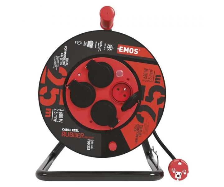 Gumov venkovn prodluovac kabel na bubnu Emos P084253, 4x zsuvka, 230 V, 2,5 mm2, ern, 25 m
