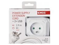 Prodluovac kabel - kostka 1,9 m / 4 zsuvky / bl / PVC / s USB / 1 mm2 Emos P04119U