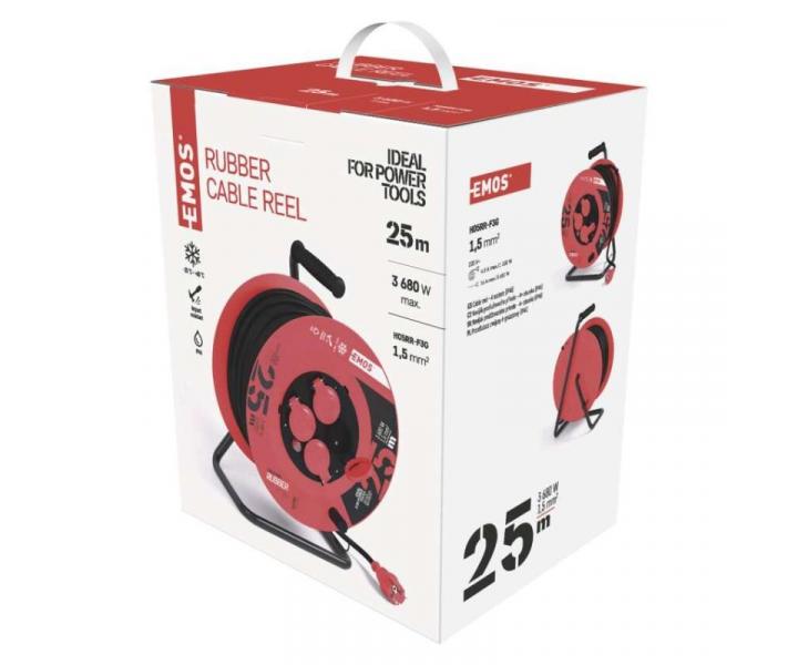 Venkovn prodluovac kabel na bubnu 25 m / 4 zsuvky / ern / guma / 230 V / 1,5 mm2 Emos P084251