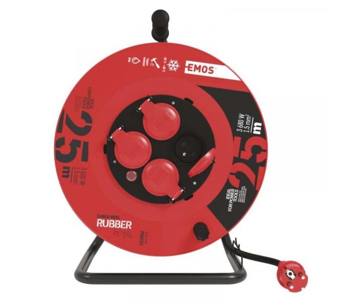 Venkovn prodluovac kabel na bubnu 25 m / 4 zsuvky / ern / guma / 230 V / 1,5 mm2 Emos P084251