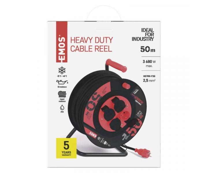 Venkovn prodluovac kabel na bubnu 50 m / 4 zs. / ern / guma-neopren / 230V / 2,5 mm2 Emos P084503