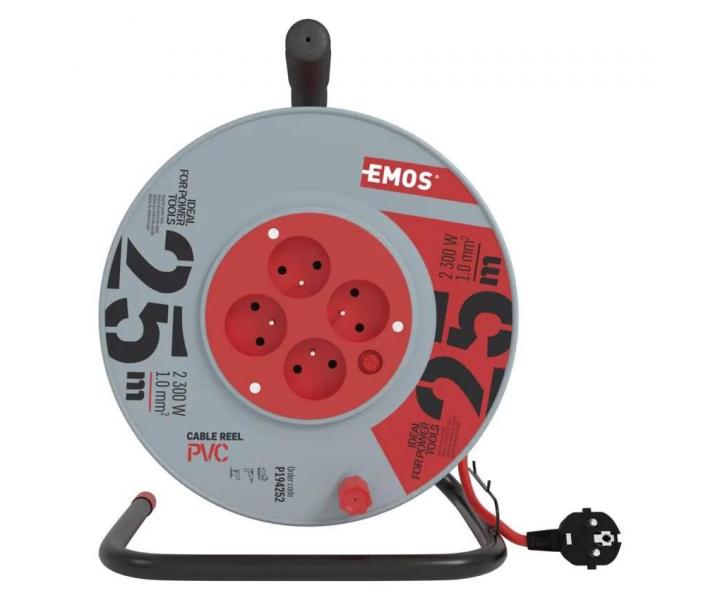 Prodluovac kabel na bubnu Emos P194252, 4x zsuvka, 230 V, 1 mm2, erven, 25 m