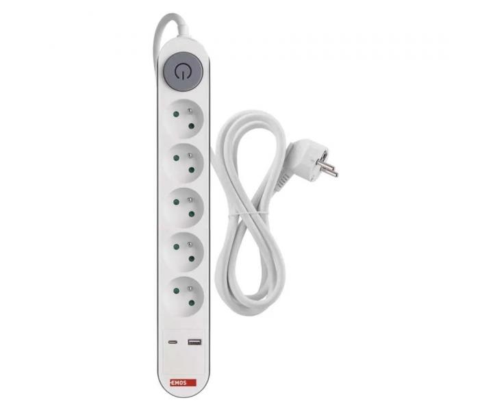 Prodluovac kabel Emos P1513PD, 5x zsuvka, 1x USB-A, 1x USB-C, bl, 3 m